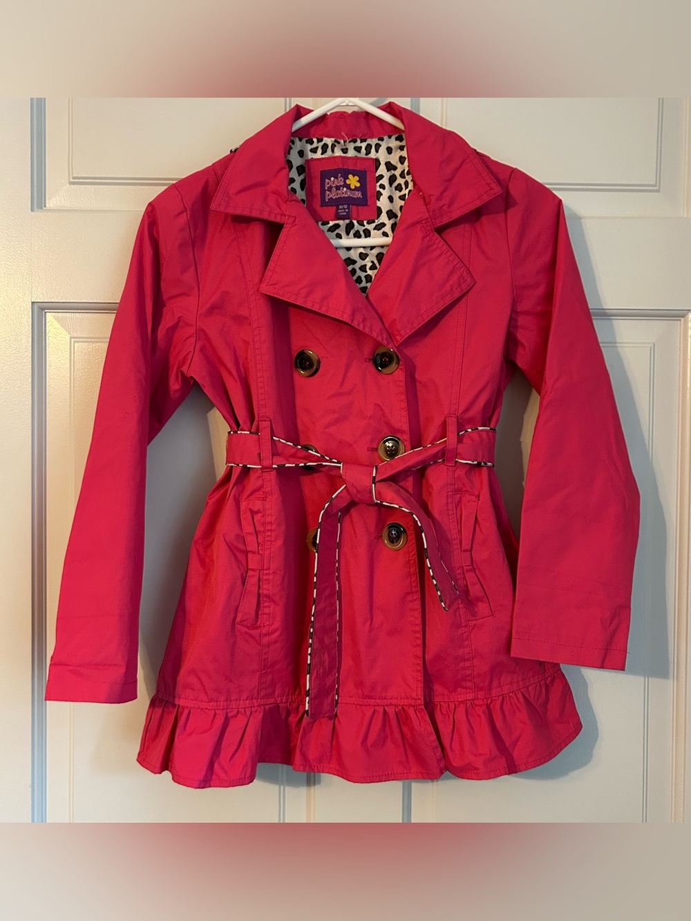 Pink Platinum Hooded Rain Jacket Girls 10-12 Hot Pink Belted Coat Ruffle Trench